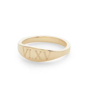 Revere and Co Jewelry. 14K Yellow Gold Custom Band Signet Ring with Initials Engraved in Roman