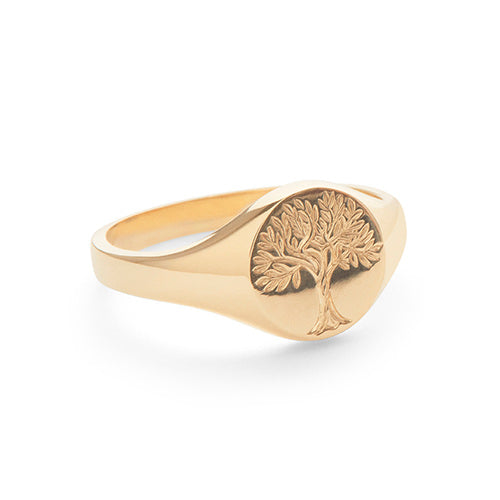 Revere and Co Jewelry. 14K Yellow Gold Custom Heritage Signet Ring with Bespoke Tree Engraving 