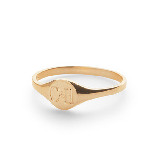 Revere and Co Jewelry. 14K Yellow Gold Custom Demi Signet Ring with Bespoke C&H Initials Engraving