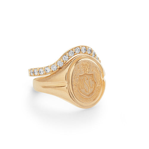 Revere and Co Jewelry. 14K Yellow Gold Custom Frame Signet Ring with Bespoke Family Crest Engraving and Diamond Stacking Band