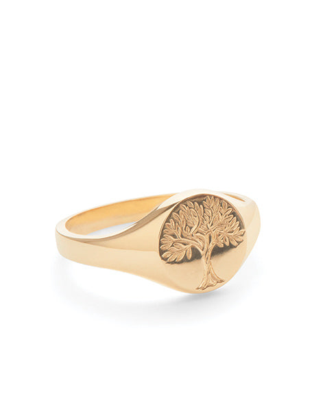 Revere and Co Jewelry. 14K Yellow Gold Custom Classic Signet Ring with Bespoke Engraving of Tree