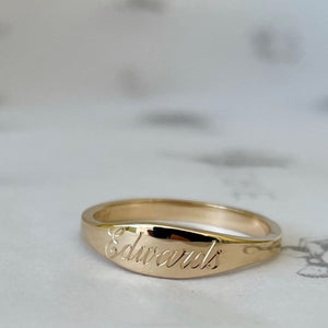 Revere and Co Jewelry. 14K Yellow Gold Custom Band Signet Ring with Name Engraved in Script