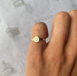Revere and Co Jewelry. 14K Yellow Gold Custom Demi Signet Ring with Bespoke Branch Design on Pinky Finger