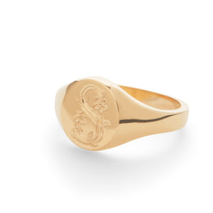 14k solid yellow gold signet ring with bespoke engraving. Initials engraved. Custom design.