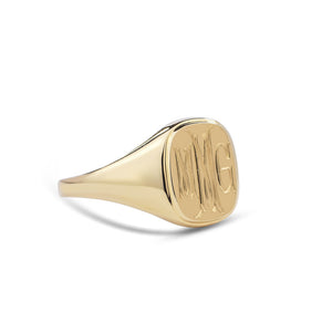 14k solid yellow gold signet ring with bespoke engraving. Initials engraved.