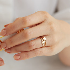 Revere and Co Jewelry. Two 14K Yellow Gold Custom Demi Signet Rings with Initials Engraved on ring finger