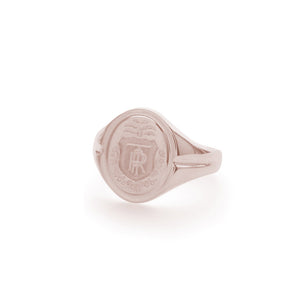 14k solid rose gold signet ring with bespoke engraving. Custom family crest.