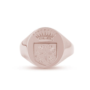 14k solid rose gold signet ring with bespoke engraving. Custom family crest design.
