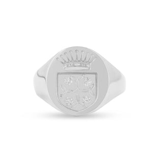 14k solid white gold signet ring with bespoke engraving. Custom family crest design.