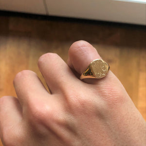 14k solid yellow gold signet ring with bespoke engraving. Initials engraved.